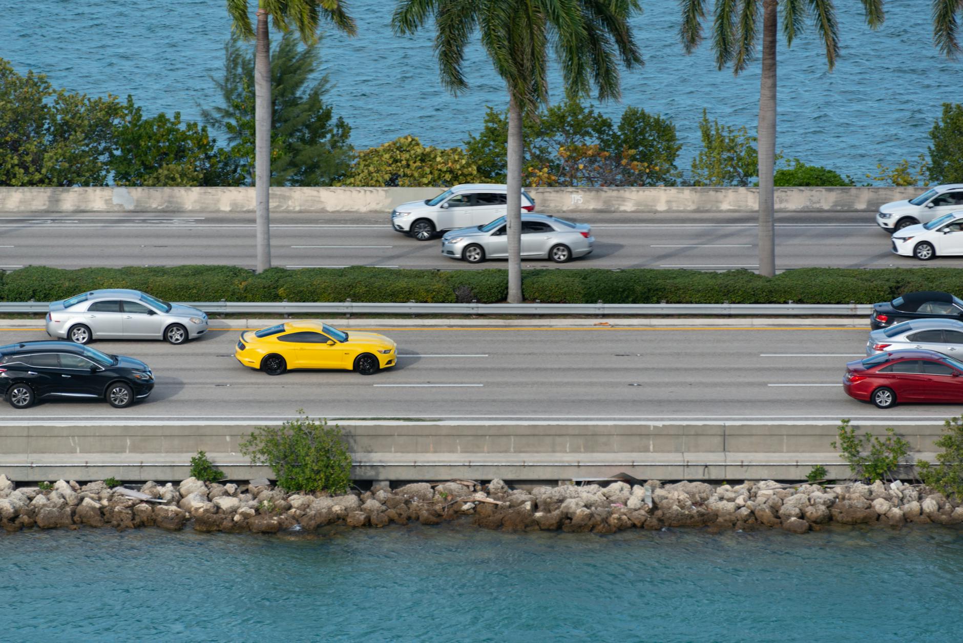 Aerial view of cars on a coastal highway with ocean and palm trees.