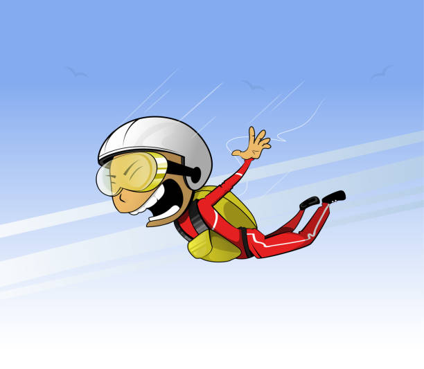 Cartoon skydiver flies in the sky